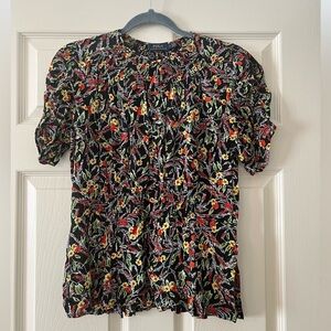 Ralph Lauren Black Floral Puff Sleeve Smocked Waist Top